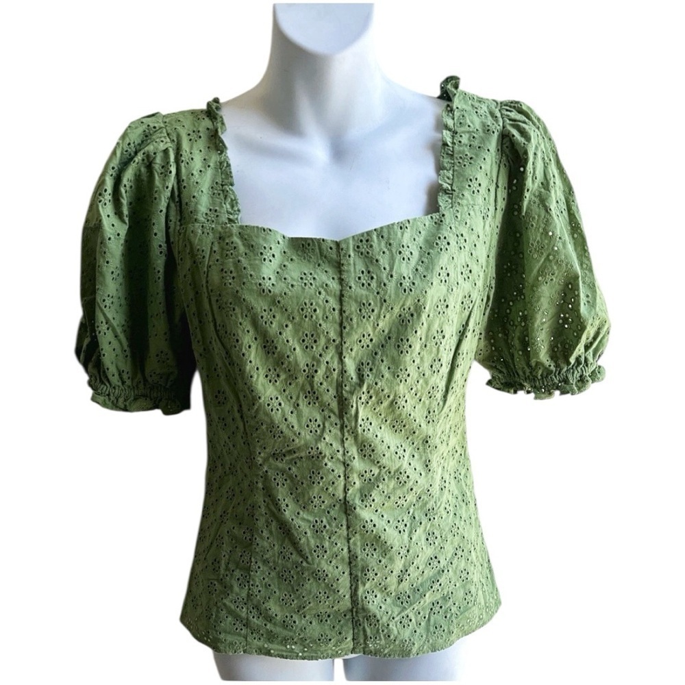 Rachel Parcell Feminine green eyelet square neckline short puff sleeve blouse